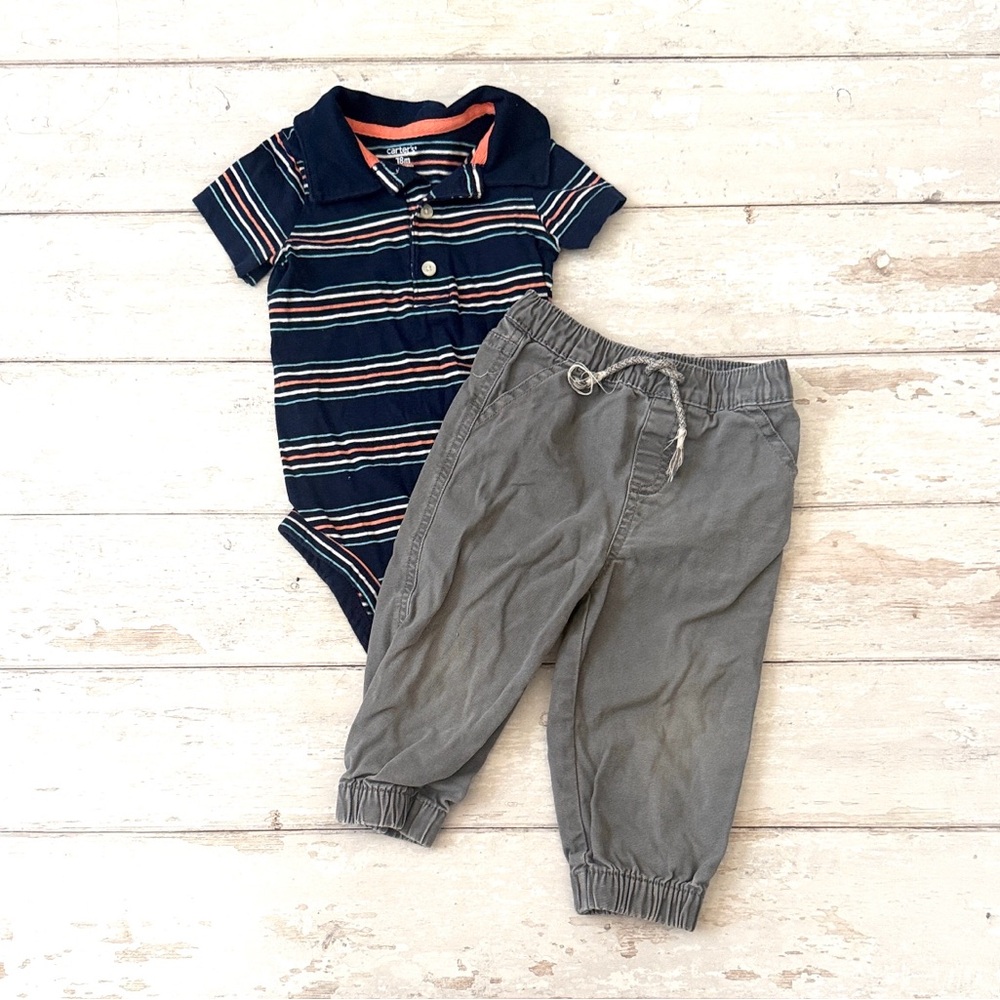 Carters 18m Baby Toddler Boys Outfit Set Gray Joggers Pants Blue Henley Polo